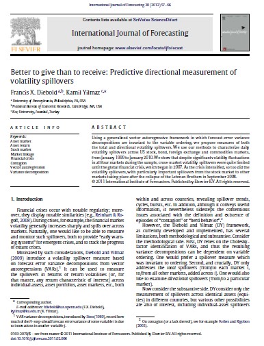 Diebold–Yilmaz (2012) Spillover Framework