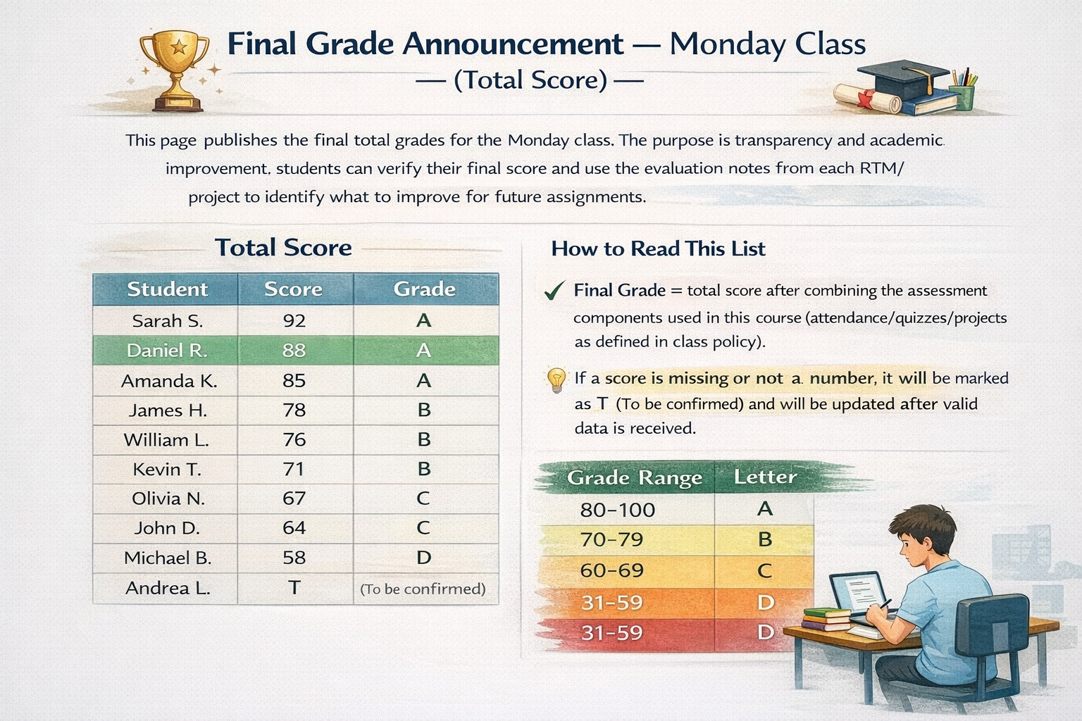 Final Grade Announcement — Monday Class (Total Score)